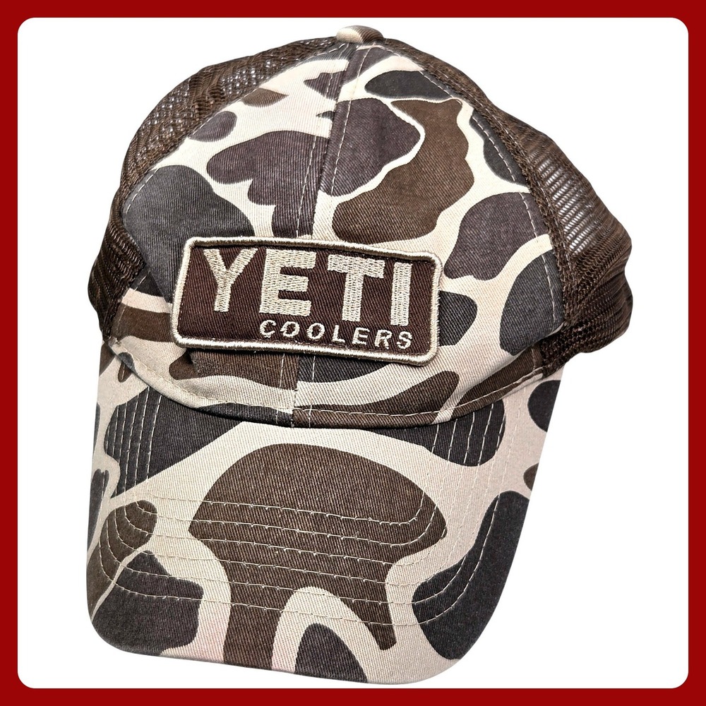Yeti Coolers Camo Trucker Hat OSFM Mens Brown Logo Snapback Good